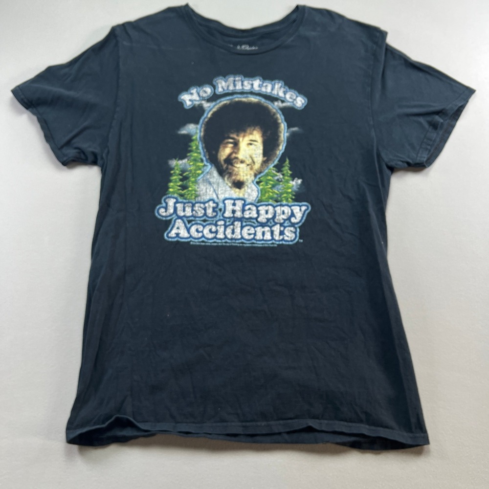 Bob Ross T Shirt Mens Large Black Faded No Mistakes Just Happy Accidents Graphic